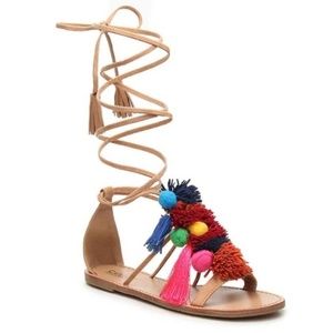 NEW Tassel Pom Pom Lace Up Sandals
